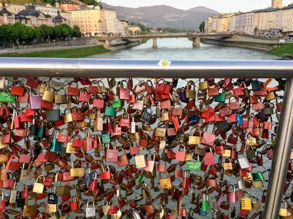5 things to do in Salzburg, stand on the Love Lock bridge over the Salzach River