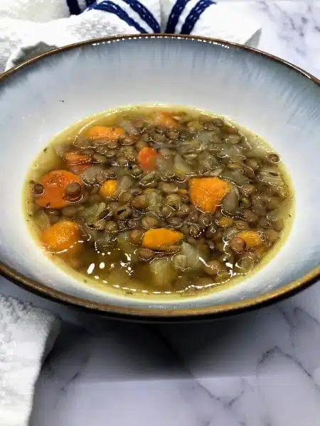 slow cooker lentil soup in a bowl