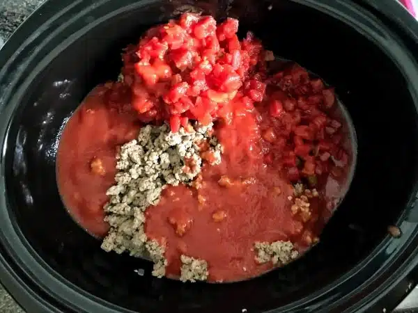 Added diced tomatoes and tomato sauce to slow cooker