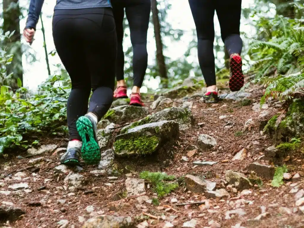 3 women hiking in the woods