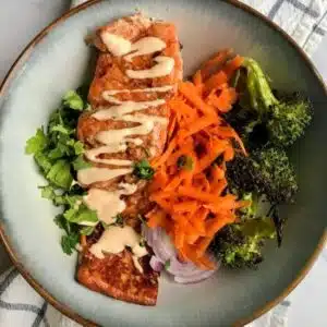Salmon Buddha Bowl with Roasted Broccoli.