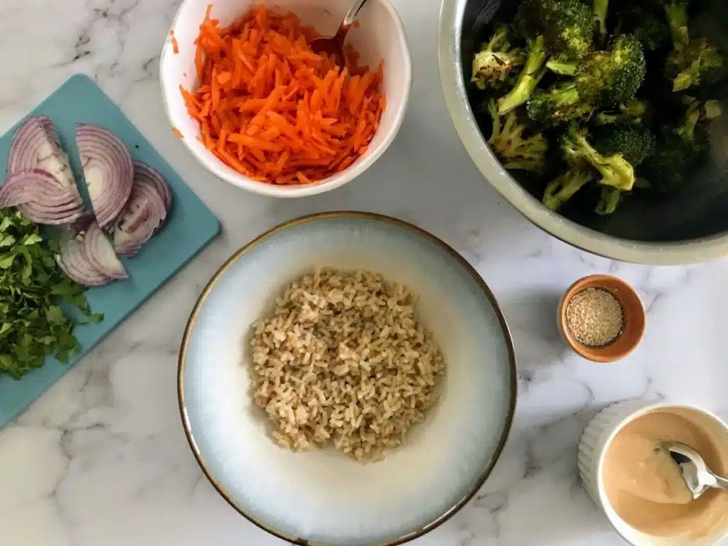 Salmon Buddha Bowl ingredients are ready to go to assemble bowl: brown rice, cilantro, red onions, shredded carrots, roasted broccoli, sesame seeds, and sriracha mayo